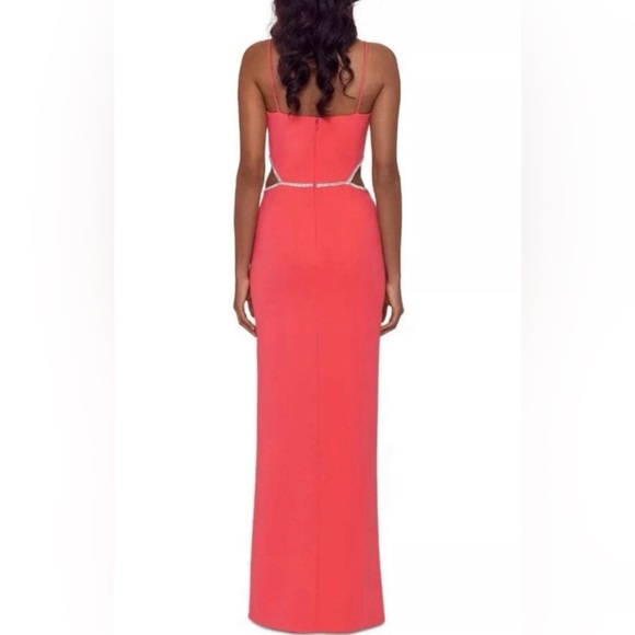XSCAPE Women’s Side Cutout Scuba Crepe Fit and Flare Coral Maxi Dress - Picture 2 of 3